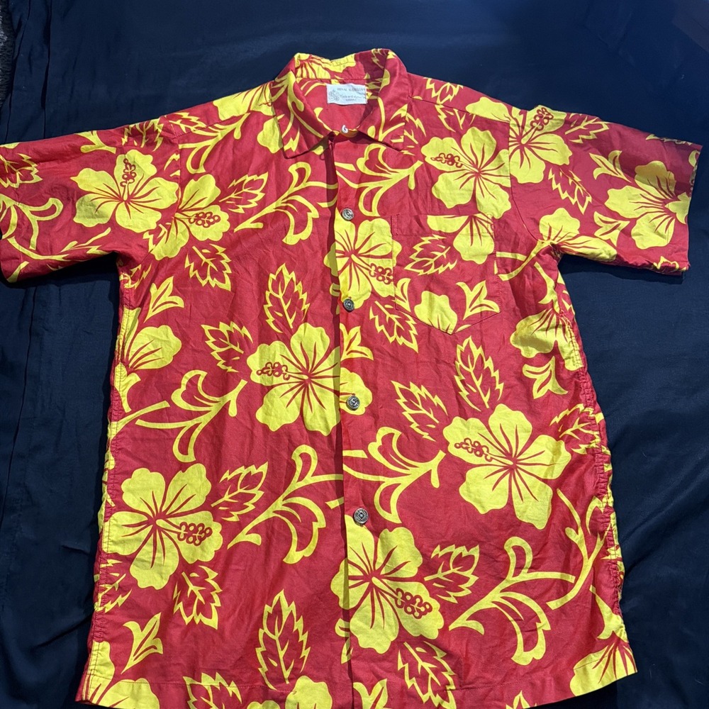 Vintage Royal Hawaiian Shirt Red Yellow Hibiscus Floral Coin Buttons Mens XL
